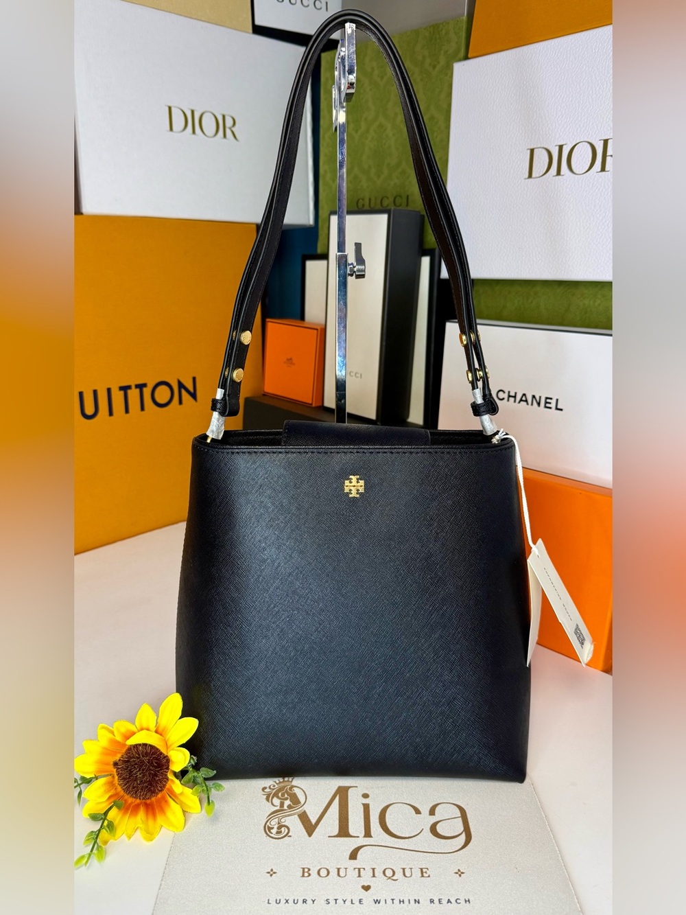 🆕TORY BURCH Emerson Saffiano Leather MD Convertible Bucket Bag ~Black~ 2inONE